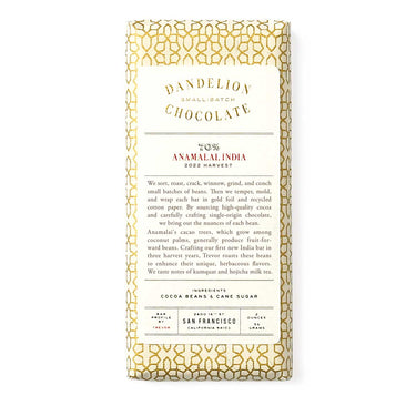 Dandelion Chocolate Chocolate Bar Anamalai, India 70% 2022 Harvest Single-Origin Chocolate Bar