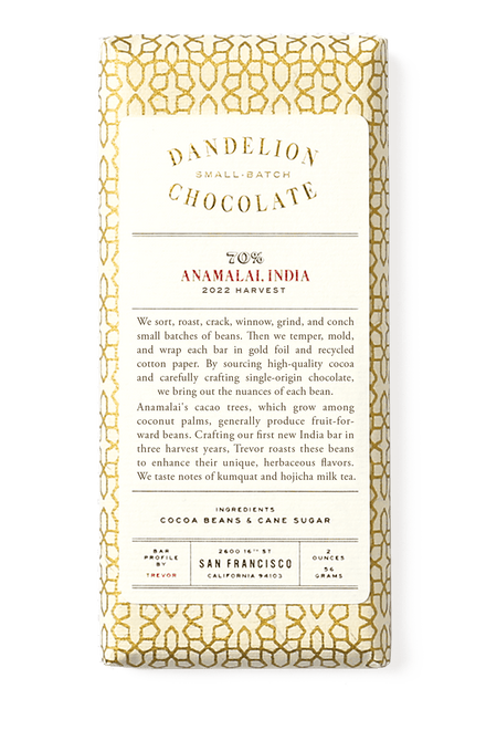 Dandelion Chocolate Chocolate Bar Anamalai, India 70% 2022 Harvest Single-Origin Chocolate Bar
