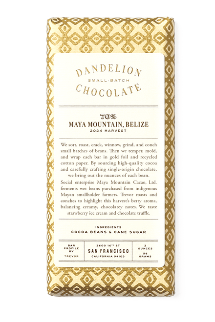 Dandelion Chocolate Chocolate Bar Maya Mountain, Belize 70% 2024 Harvest Single-Origin Chocolate Bar