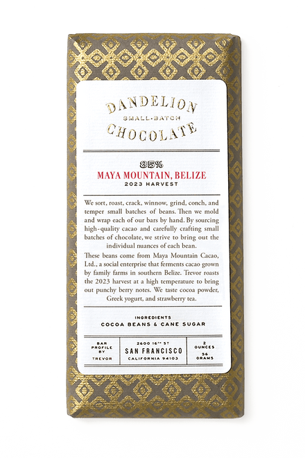 Dandelion Chocolate Chocolate Bar Maya Mountain, Belize 85% 2023 Batch 1 Single-Origin Chocolate Bar