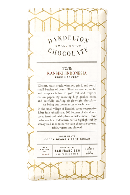 Dandelion Chocolate Chocolate Bar Ransiki, Indonesia 70% 2022 Harvest Single-Origin Chocolate Bar